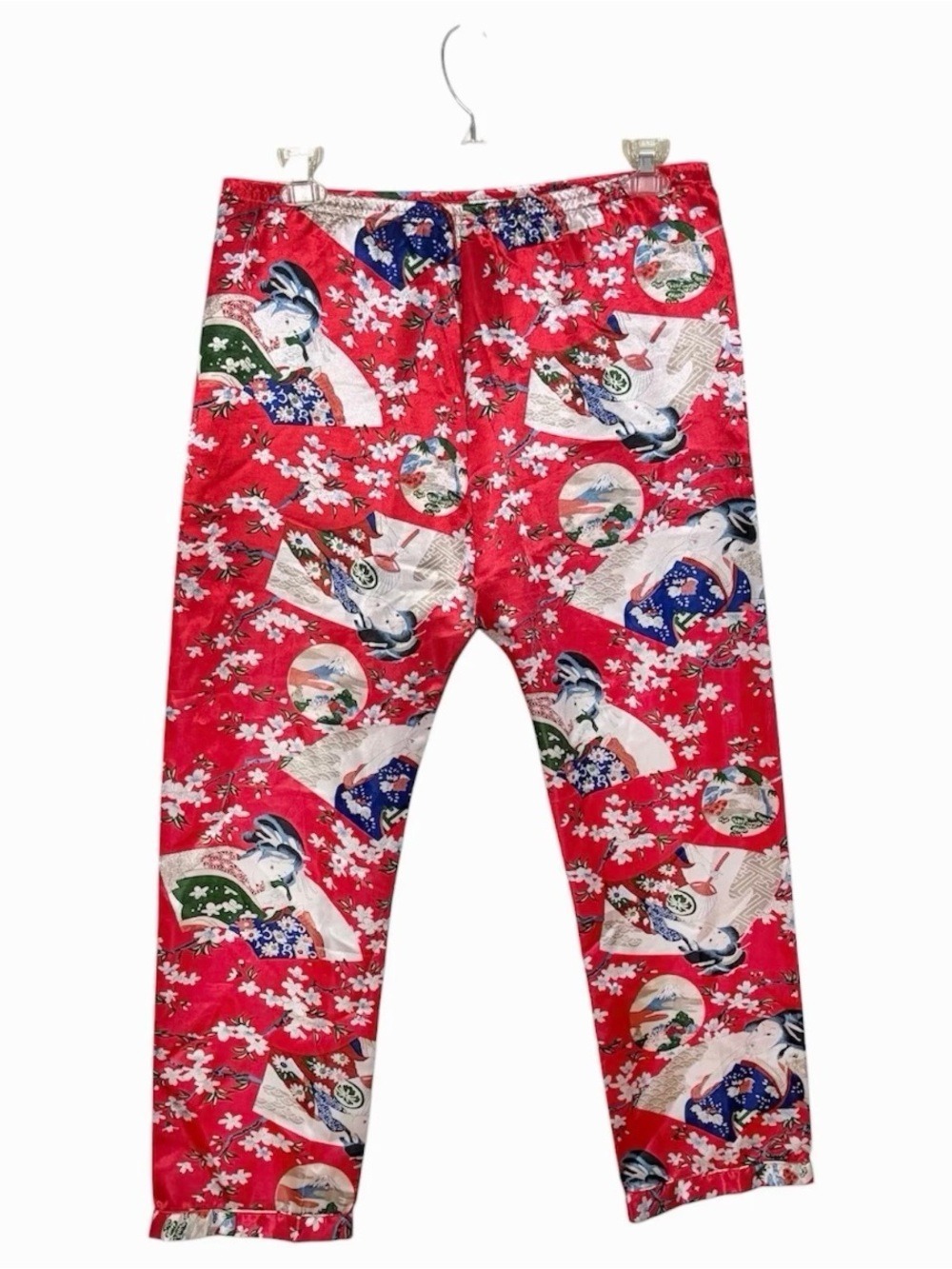 Vintage Red Geisha Print Satin Pajama Pants High Rise Wide Leg Lounge - Large
